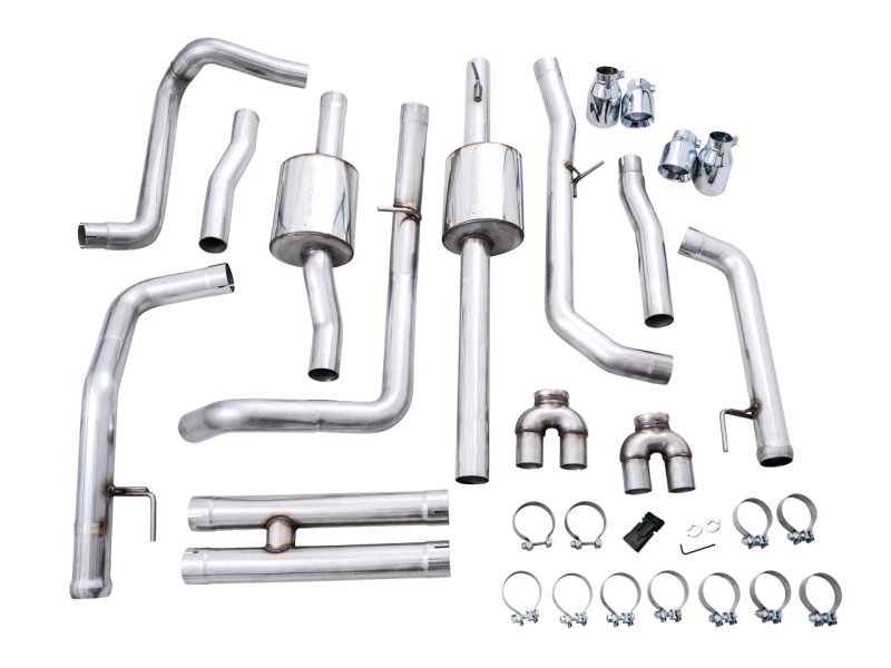 AWE Tuning 4. Generation GM 1500 6.2L 0FG Catback Split Rear Exit (mit Bumper-Ausschnitten) - Quad Chrome-Spitzen