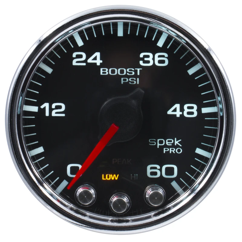 Autometer Spek-Pro Gauge Boost 2 1/16in 60psi Stepper Motor W/Peak & Warn Blk/Chrm