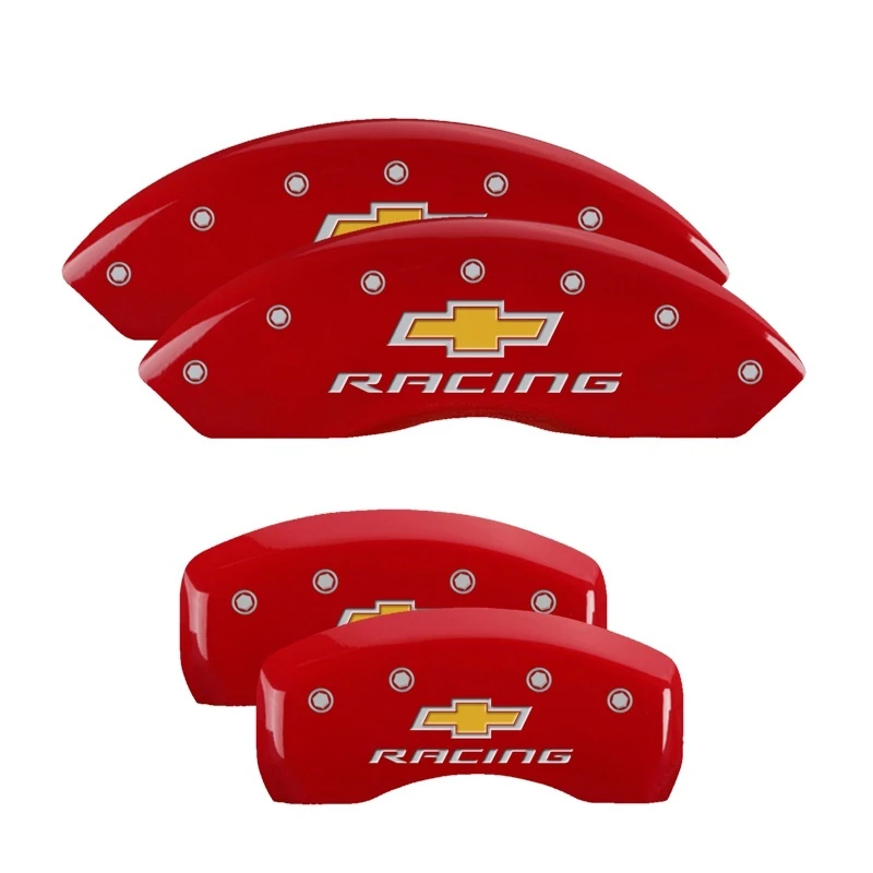 MGP 4 Bremsekolben-Abdeckungen Graviert Vorne & Hinten Chevy Rennsport Rot Finish Silber