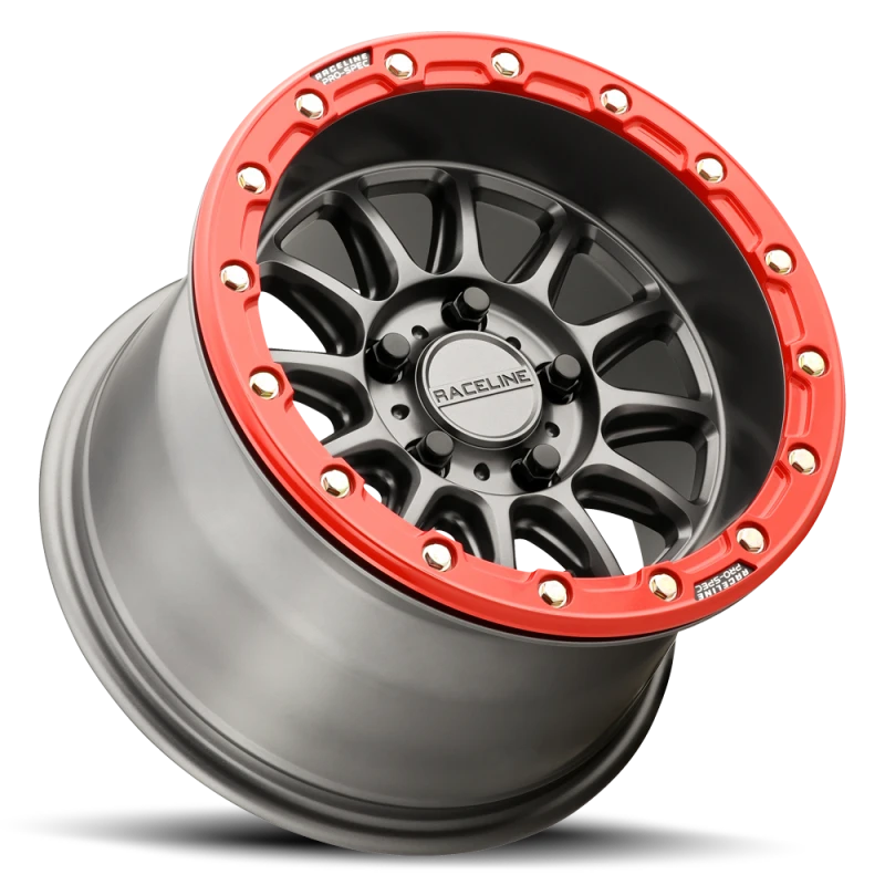 Raceline A14GR Alpha 15x7in/5x114.3 BP/25mm Offset/68mm Bore - Gunmetal & Red Ring Beadlock Wheel