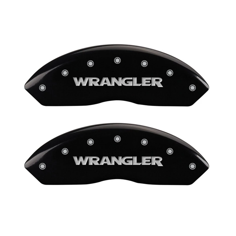 MGP Vordere Satz 2 Bremse Caliper Abdeckungen Graviert Vorne WRANGLER Schwarz Finish Silber ch