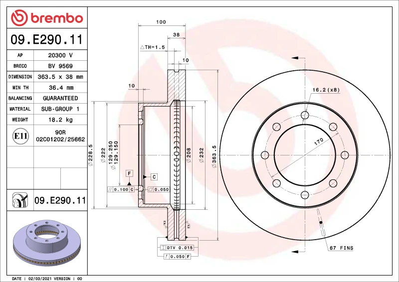 Brembo OE Vorderradbremscheibe für 2018–2022 Ford F-250 Super Duty / 2013–2015 Ford F-350 Super Duty