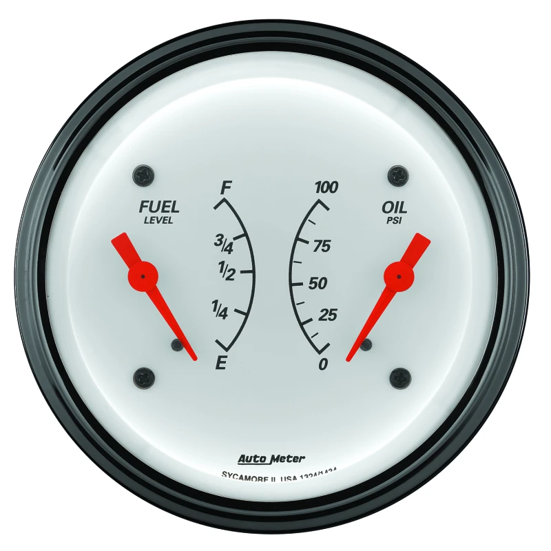 AutoMeter Gauge Dual Fuel & Oilp 3-3/8in. 0 Ohm(e) to 90 Ohm(f)& 100PSI Elec Arctic White