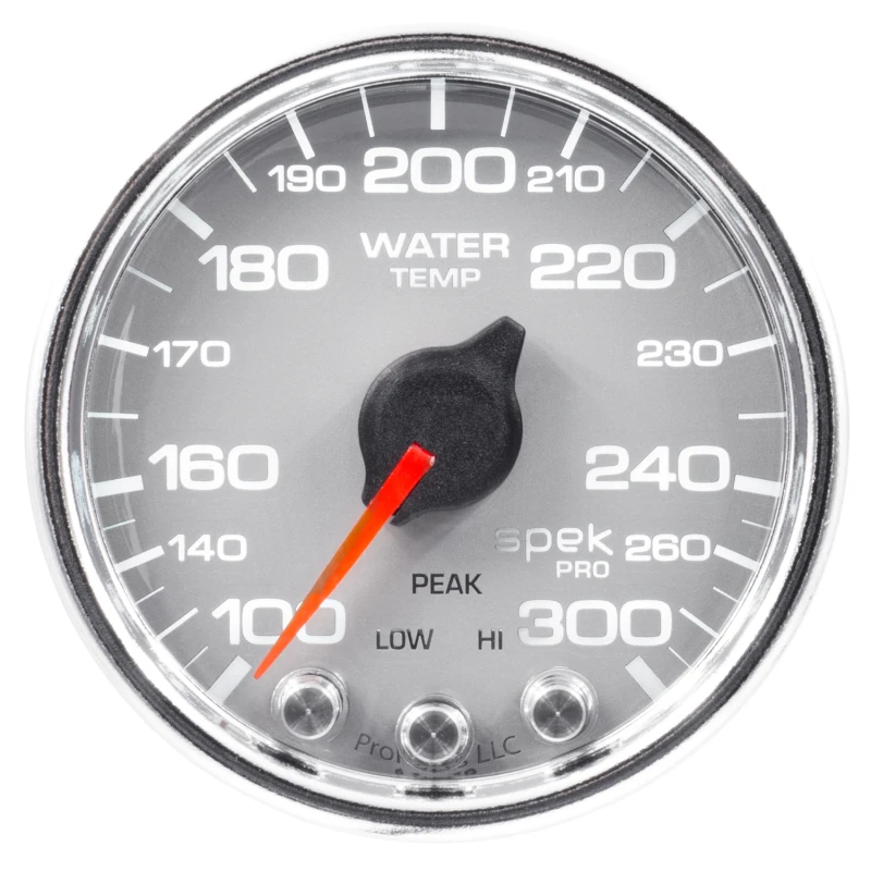 Autometer Spek-Pro-Wasser-Temperatur-Anzeige 2 1/16 Zoll 300°F Schrittmotor mit Peak- und Warn-Funktion Silber/Chrom