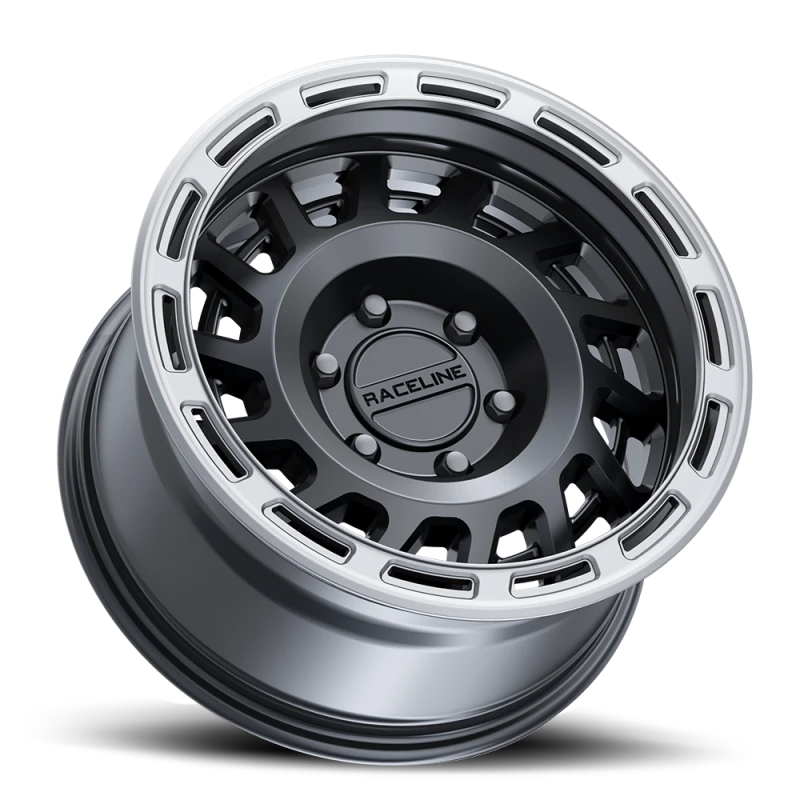 Raceline 957BS Halo 17x9in / 6x139.7 BP / -12mm Offset / 106.1mm Bore - Black & Silver Lip Wheel