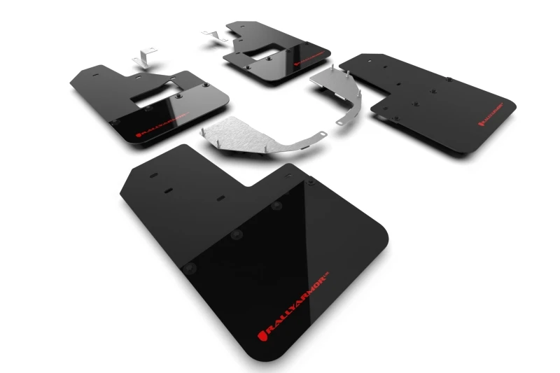Rally Armor 21-24 Ford Bronco (Stahl-Stoßfänger + RB - kein Raptor/Sport) Schwarze Schmutzfänger mit rotem Logo