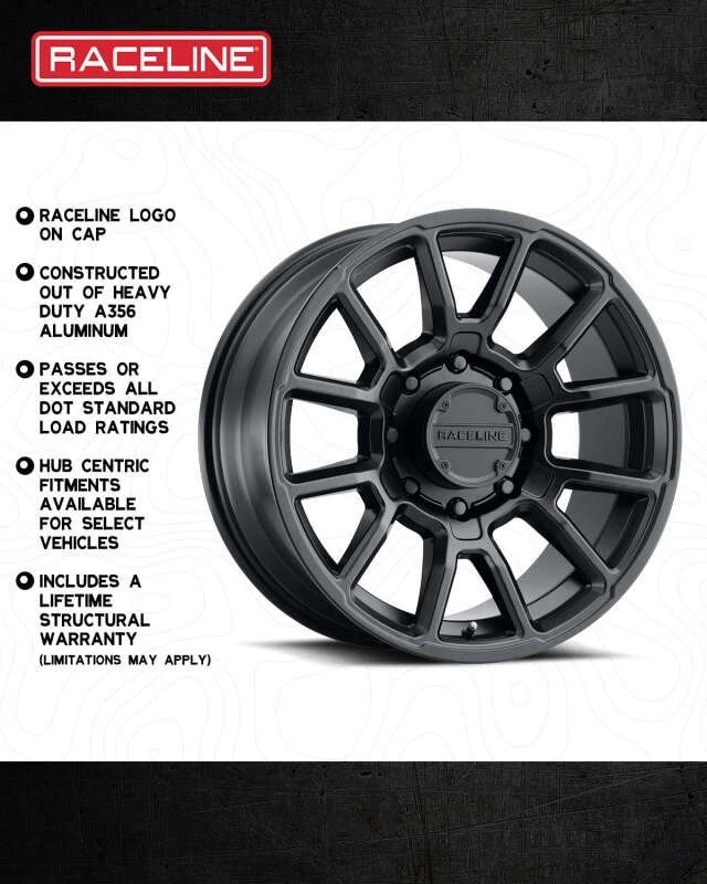 Raceline 950B Gauge 17x8.5in / 6x139.7 BP / 0mm Offset / 106.1mm Bore - Satin Black Wheel
