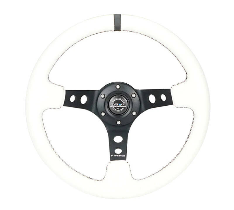 NRG Reinforced Steering Wheel (350mm/3in. Deep) White Leather w/Blk Spoke/Round Holes/White Stripes