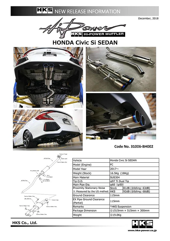 HKS Hi-Power Muffler Exhaust für 2017–2021 Honda Civic Si Sedan