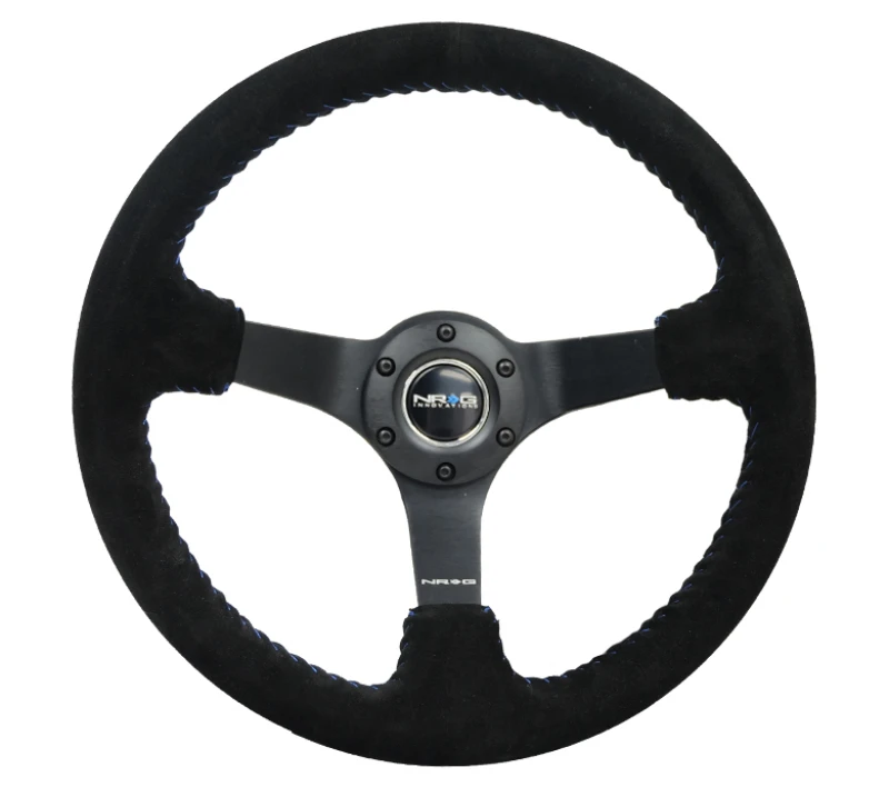 NRG Reinforced Steering Wheel (350mm / 3in. Deep) Black Suede/Blue Baseball Stitch with 5mm Matte Black Spokes