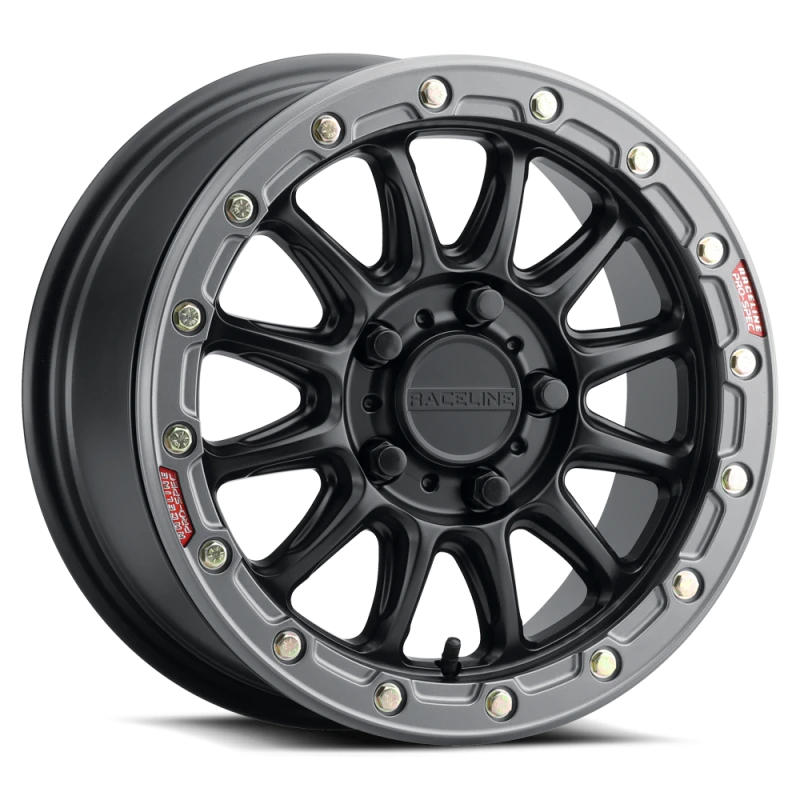Raceline A14BG Alpha 15x6.5in/6x139.7 BP/74mm Offset/78.1mm Bore - Blk & Gunmetal Ring Beadlock Whl
