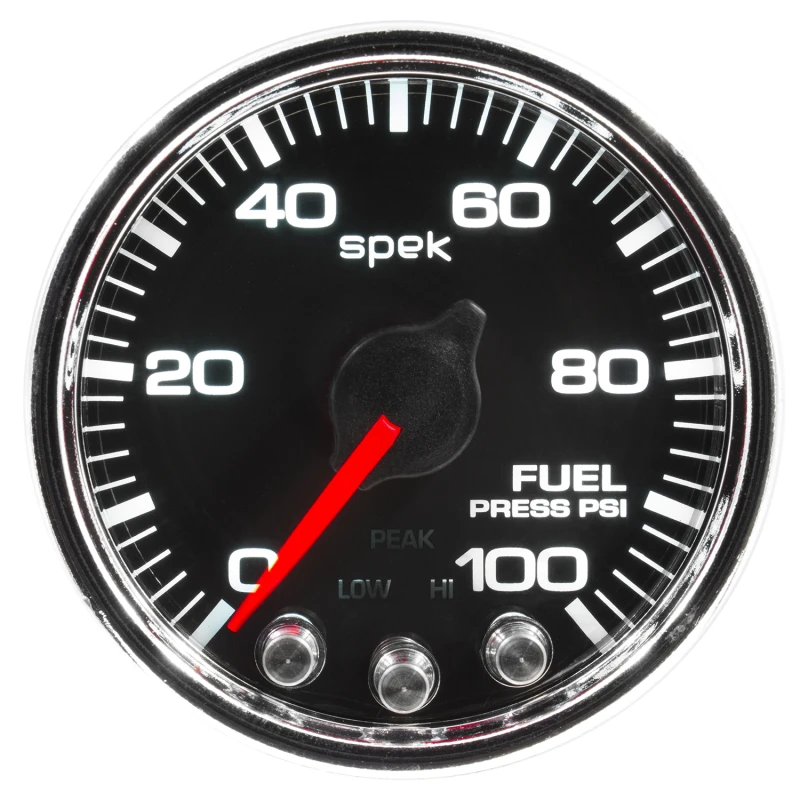 Autometer Spek-Pro-Benzindruckanzeige 2 1/16in 100psi Schrittmotor mit Spitzen- und Warnfunktion Schwarz/Chrom