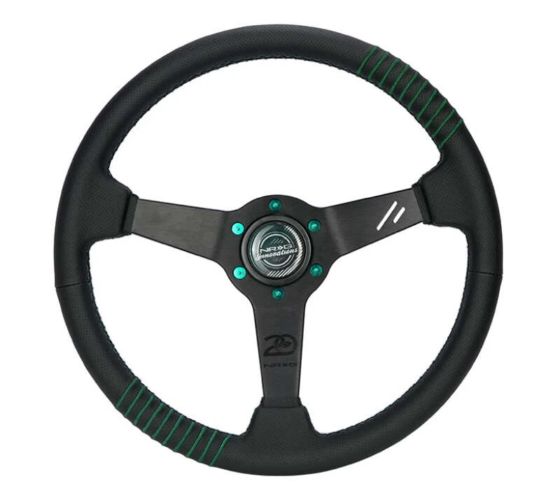 NRG Steering Wheel 1.5in Dish 350mm Black Perforated Leather - Emerald Stitching - Reinforced Spoke