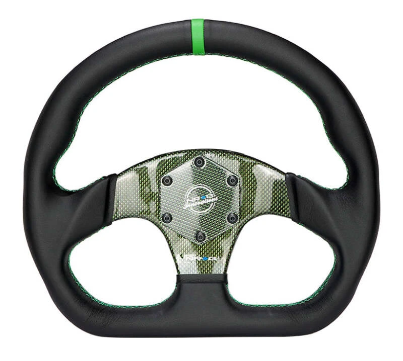 NRG Carbon Fiber Flat Bottom Steering Wheel (320mm) Green CF Center w/Green Stitch/Center Mark