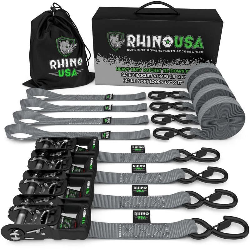 Rhino USA Heavy Duty Ratchet Tie-Down 4-Pack (Grau) 1.6 Zoll x 8 Fuß