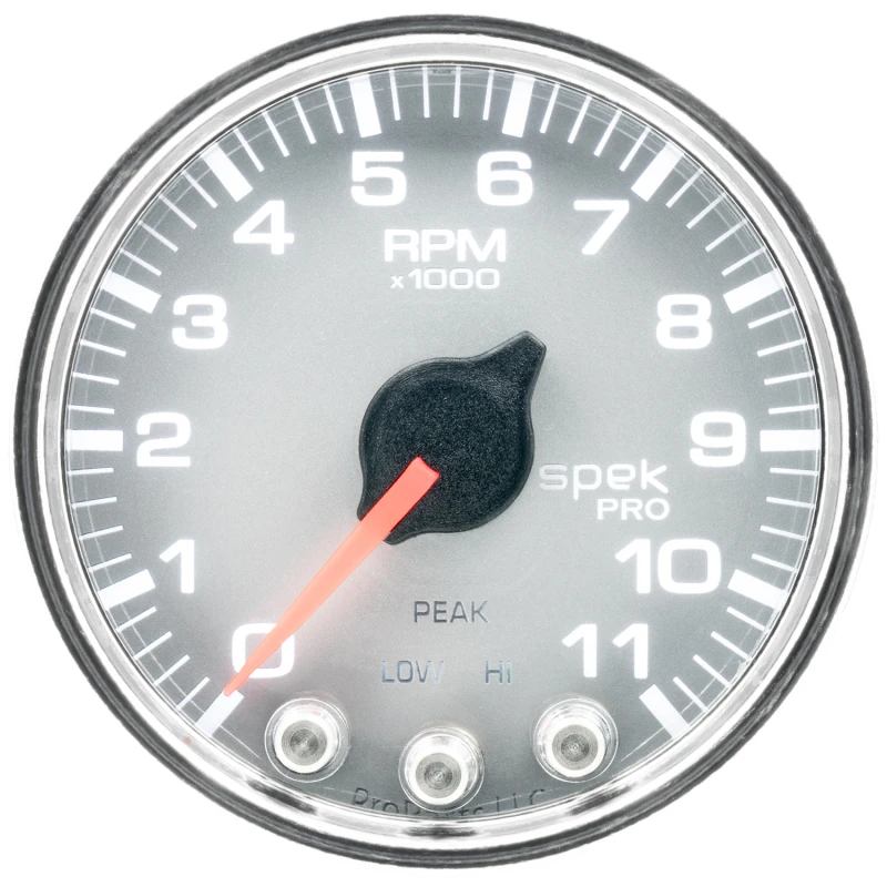 Autometer Spek-Pro Tachometer 2 1/16 Zoll 11K U/min mit Schaltlicht und Peak-Memory Silber/Chrom