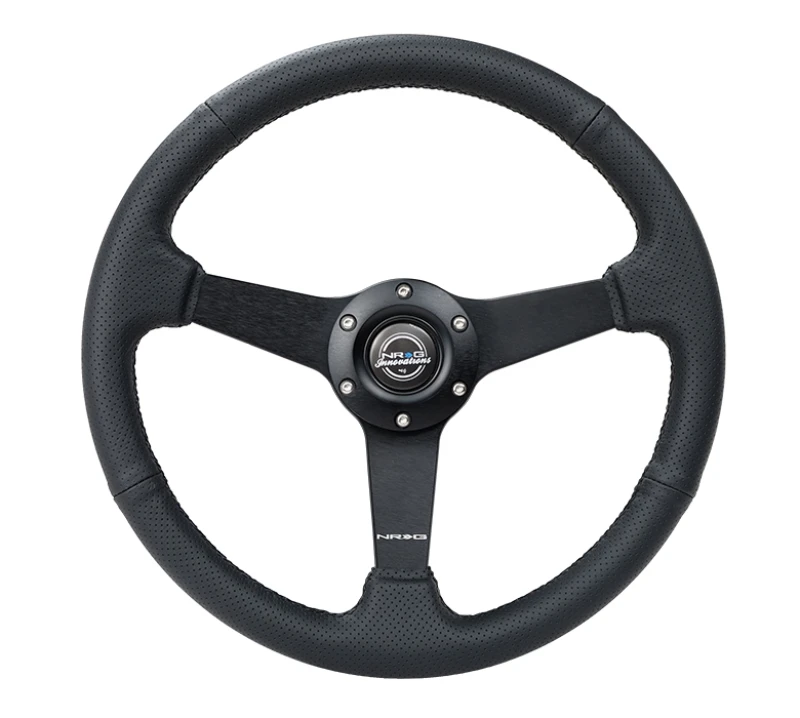 NRG Sport Steering Wheel (350mm / 1.5in Deep) Black Leather Black Stitch w/ Matte Black Solid Spokes
