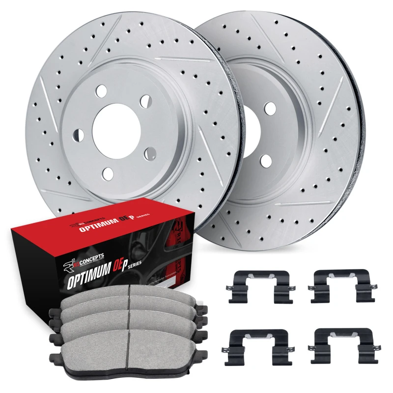 R1 13-19 Nissan Sentra Front Drill/Slot Carbon Coated Rotor Set w/Optimum Pads