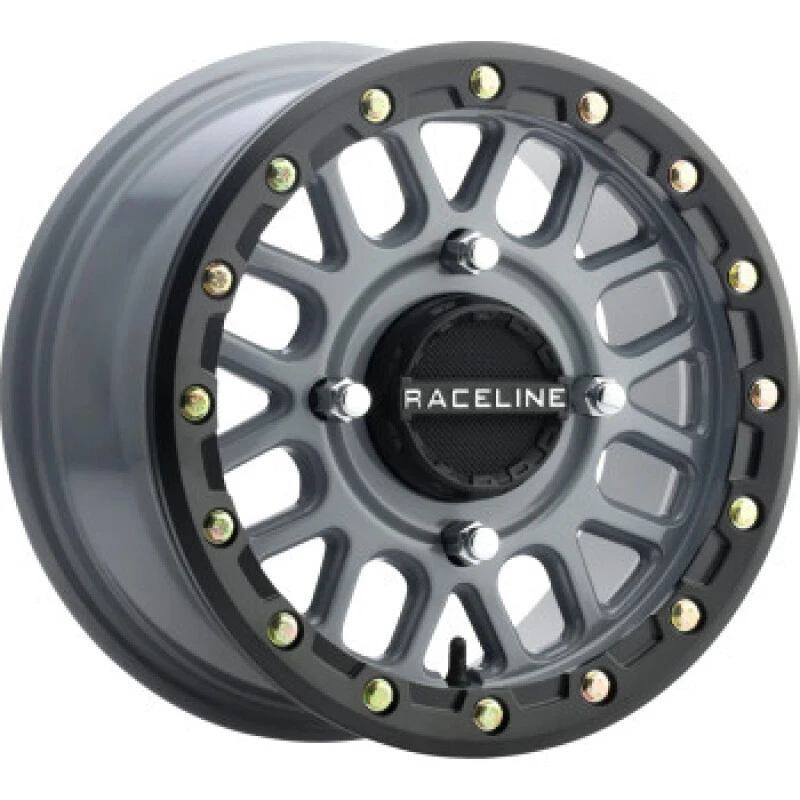 Raceline A93SG Podium 14x7in/4x137 BP/38mm Offset/110.18mm Bore - Grey & Black Ring Beadlock Wheel