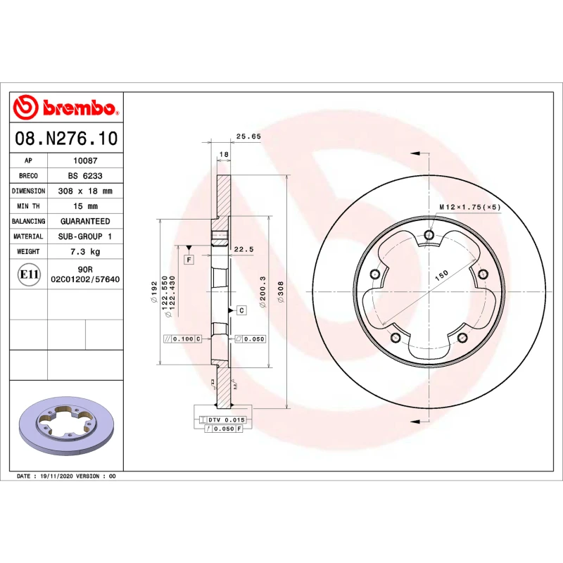 Brembo 2015 Nissan Leaf/15-20 Nissan Rogue Vordere UV-beschichtete Bremsscheibe