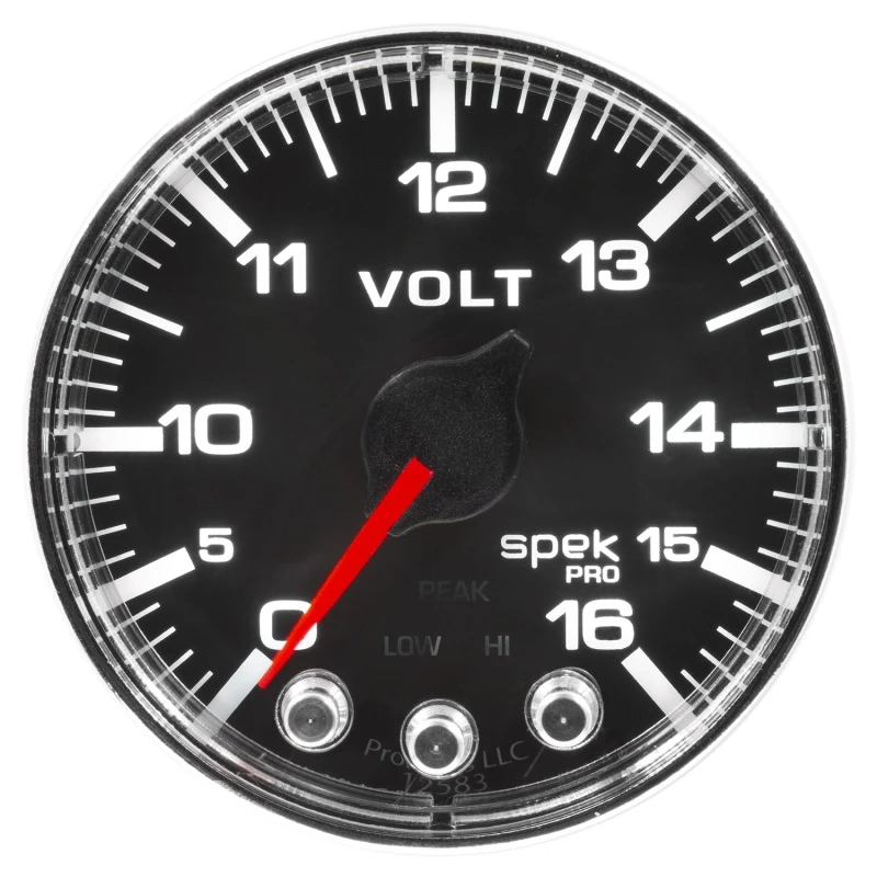 Autometer Spek-Pro-Gauge-Voltmeter 2 1/16 Zoll 16V Schrittmotor mit Peak- und Warnfunktion, Schwarz/Chrom