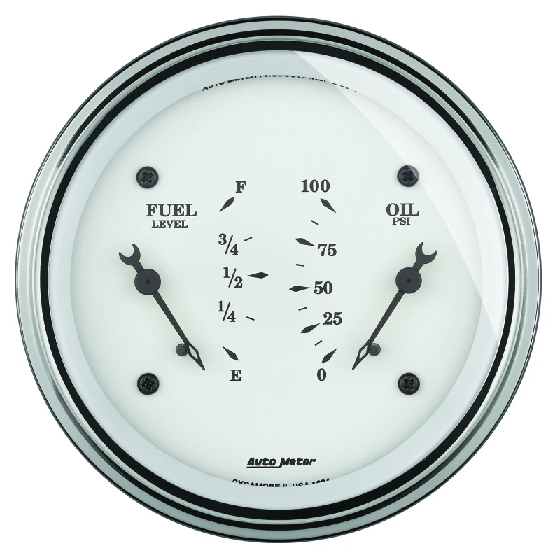 AutoMeter Gauge Dual Fuel & Oilp 3-3/8in. 0 Ohm(e) to 90 Ohm(f)& 100PSI Elec Old Tyme White