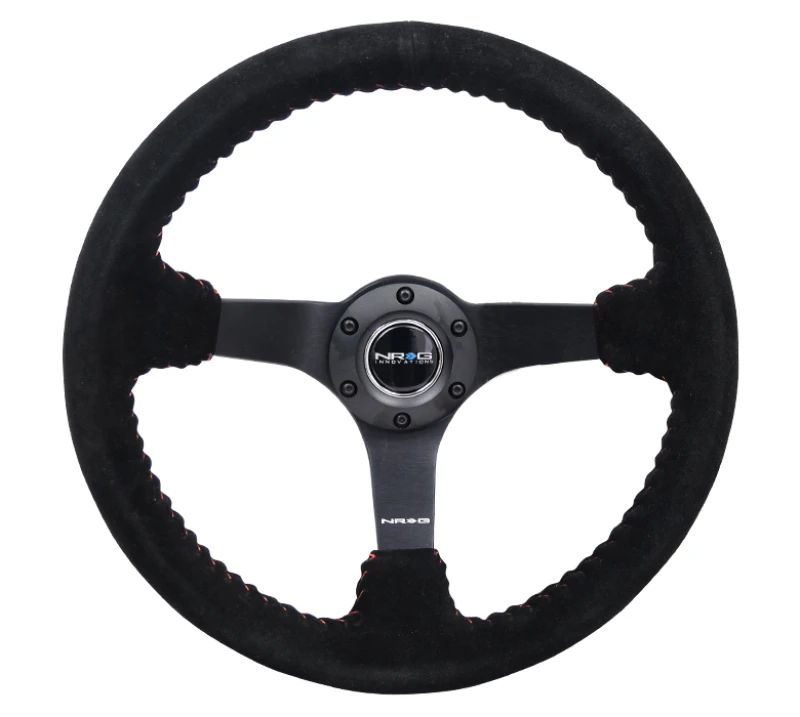 NRG Reinforced Steering Wheel (350mm / 3in. Deep) Black Suede with Red BBall Stitch and 5mm Matte Black Spokes