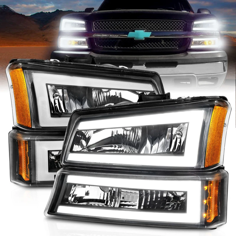 ANZO 2003-2006 Chevrolet Silverado 1500 Kristall-Scheinwerfer mit Lichtleiste schwarzes Gehäuse