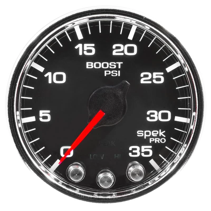 Autometer Spek-Pro-Boostmanometer 2 1/16 Zoll 35 psi Schrittmotor mit Peak- und Warnfunktion Schwarz/Chrom