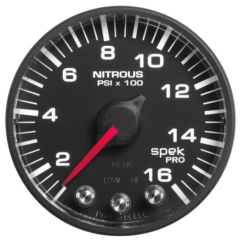 Autometer Spek-Pro-Nitrousdruckanzeige 2 1/16 Zoll 1600 psi Schrittmotor mit Peak- und Warnfunktion schwarz/schwarz