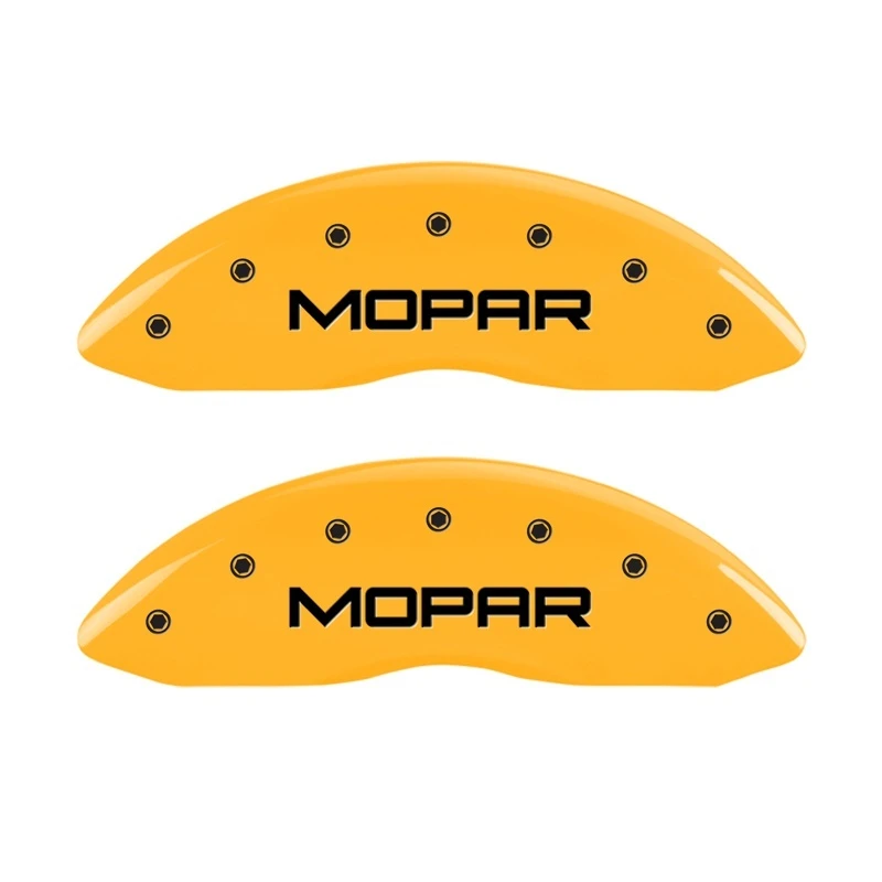 MGP Vordere Satz 2 Bremse Caliper Abdeckungen Graviert Vorne MOPAR Gelb Finish Schwarz Zeichen