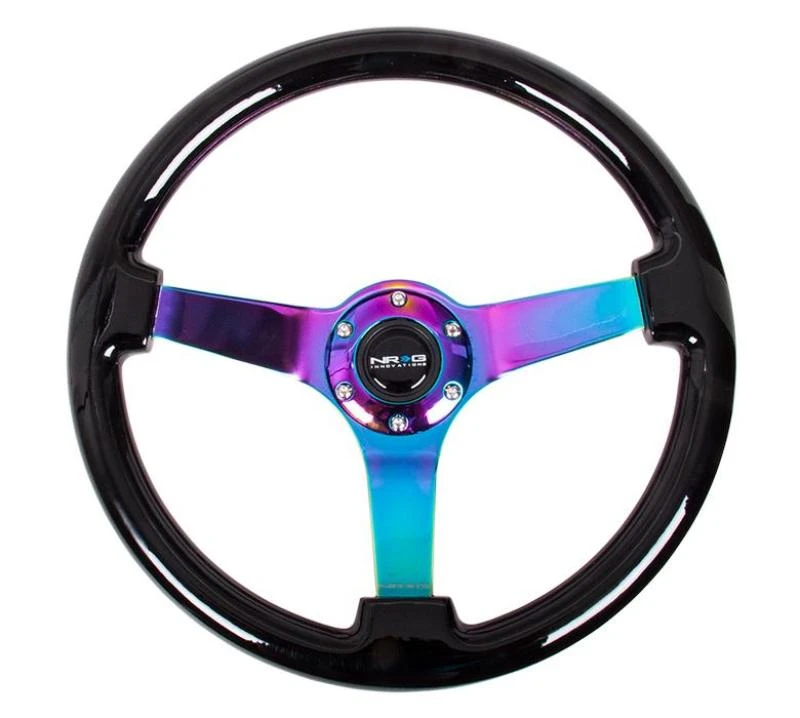 NRG Reinforced Steering Wheel (350mm / 3in Deep) Classic Black Wood Grain w/Neochrome 3-Spoke Center