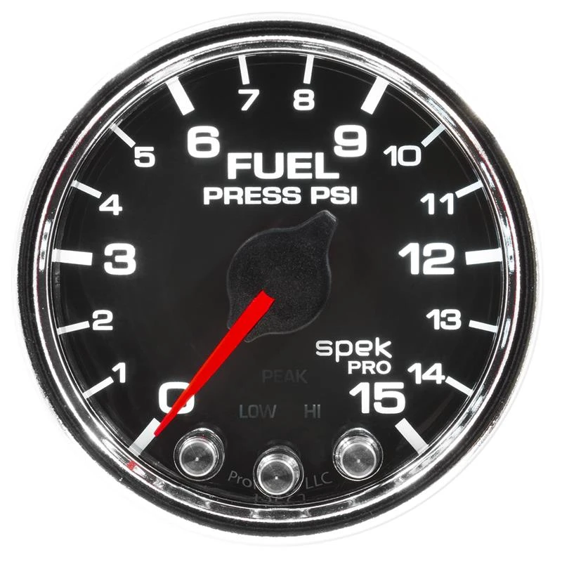 Autometer Spek-Pro-Benzindruck-Anzeige 2 1/16 Zoll 15psi Schrittmotor mit Peak- und Warnfunktion Schwarz/Chrom