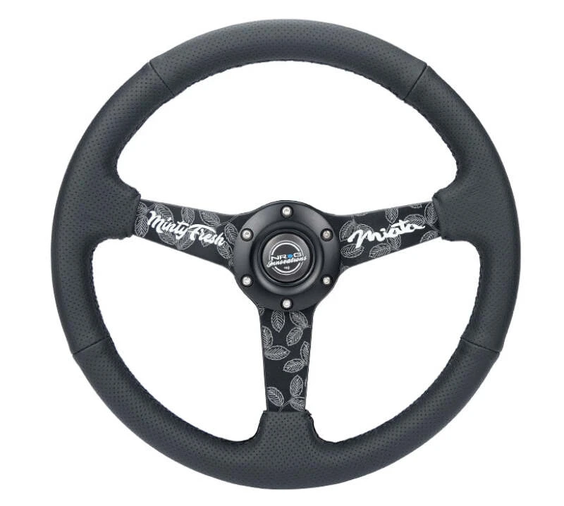 NRG Reinforced Black Perforated Leather Steering Wheel 350mm / 1.5in Deep w/ Goal Digger Blk Stitch