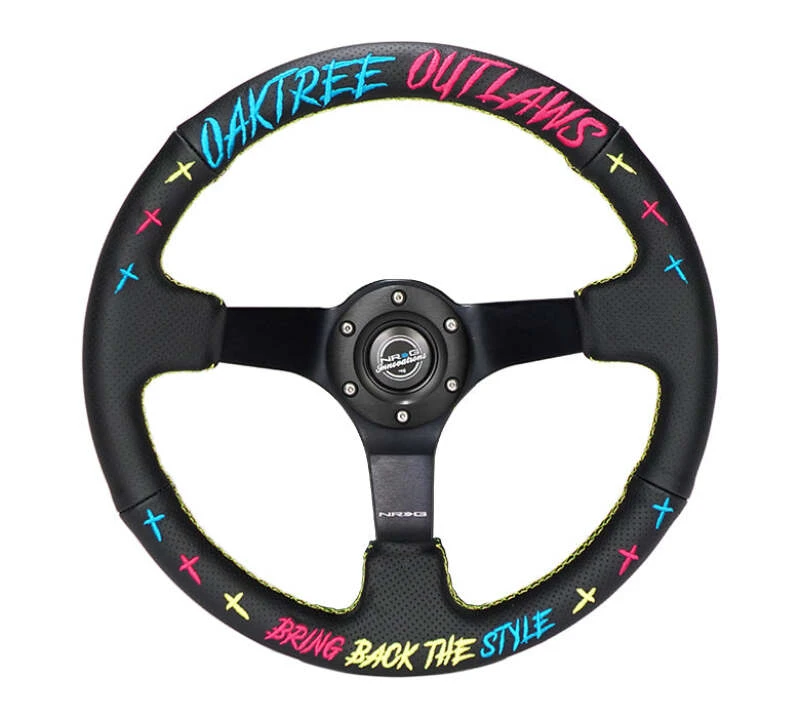 NRG Reinforced Steering Wheel - Oak Tree Outlaws 3in Deep/5mm Blk Spk 350mm Wheel - Blk Perf Lthr