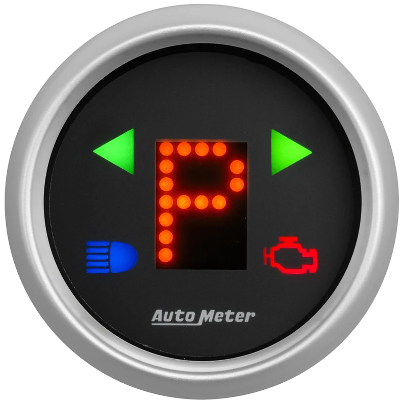 AutoMeter Gauge Gear Pos 2-1/16in. Incl Indicators Black Dial Red Led Silver Bezel