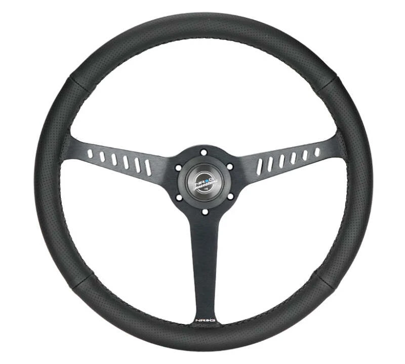 NRG Reinforced Stealth Wheel (380mm) 3 Spoke Center 1in Deep Dish - Perforated Leather Black Stitch