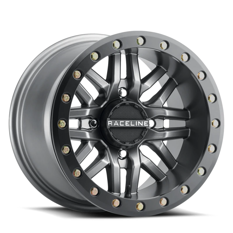 Raceline A91G Ryno 15x7in/4x156 BP/10mm Offset/132.5mm Bore - Gunmetal & Black Ring Beadlock Wheel