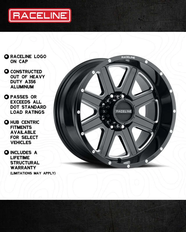 Raceline 940M Hostage 16x8in / 6x139.7 BP / 0mm Offset / 106.1mm Bore - Black & Milled Wheel