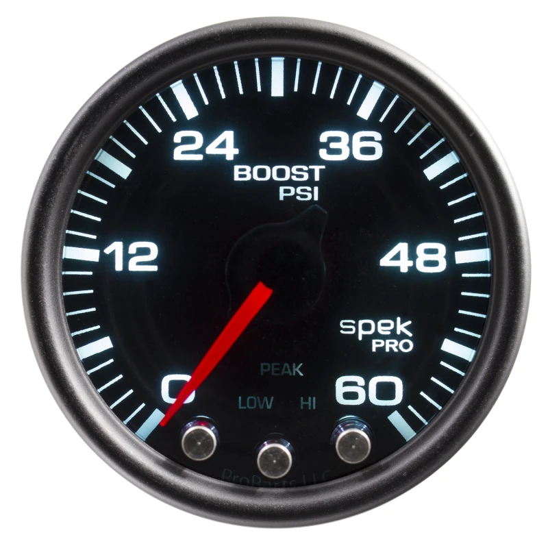 Autometer Spek-Pro Gauge Boost 2 1/16in 60psi Stepper Motor W/Peak & Warn Blk/Smoke/Black