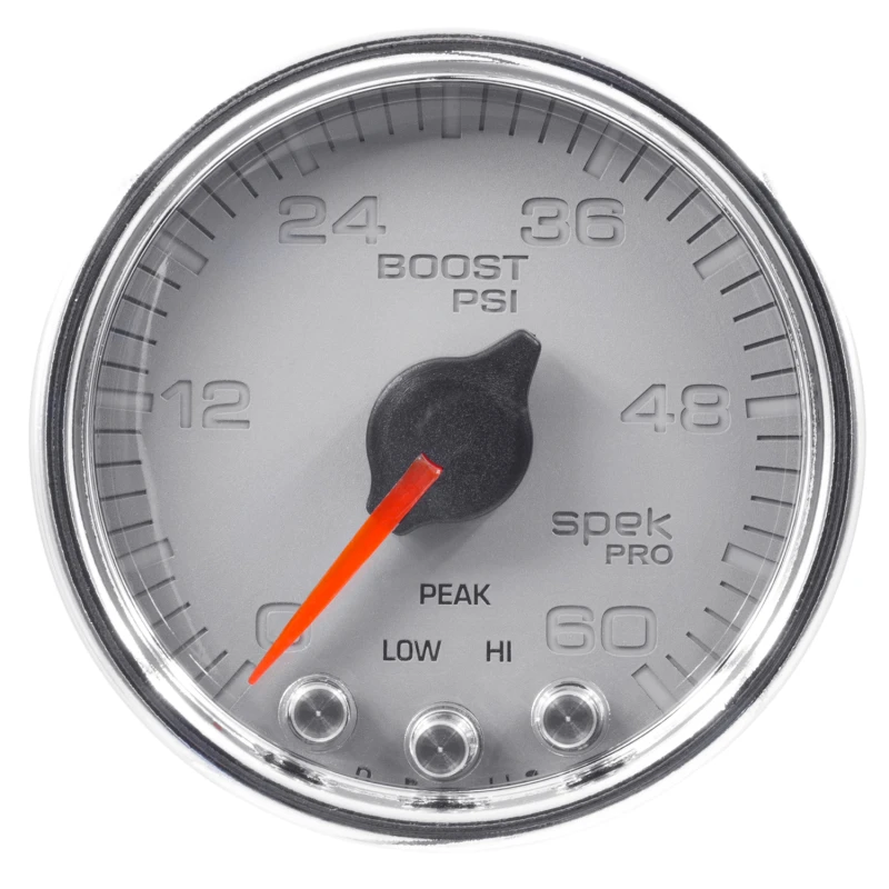 Autometer Spek-Pro Gauge Boost 2 1/16in 60psi Stepper Motor W/Peak & Warn Slvr/Chrm