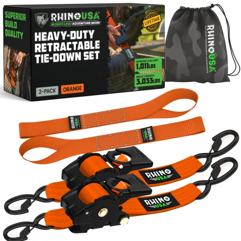 Rhino USA Retractable Ratchet Straps (4 Pack, 2Inx10Ft) (Orange)