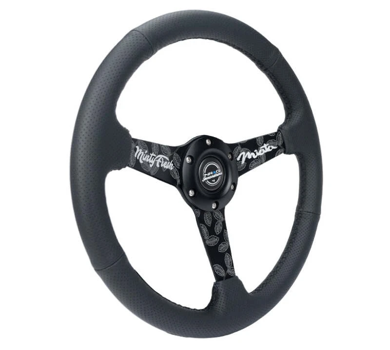 NRG Reinforced Black Perforated Leather Steering Wheel 350mm / 1.5in Deep w/ Goal Digger Blk Stitch