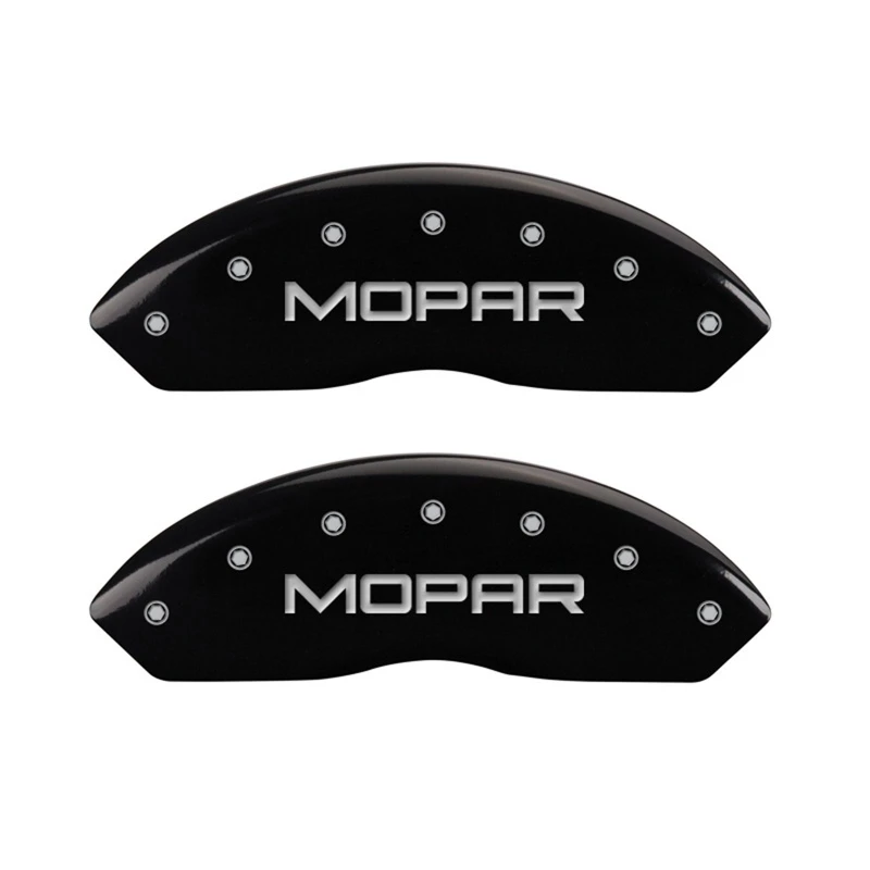 MGP Vordere Satz 2 Bremse Caliper Abdeckungen Graviert Vorne MOPAR Schwarz Finish Silber