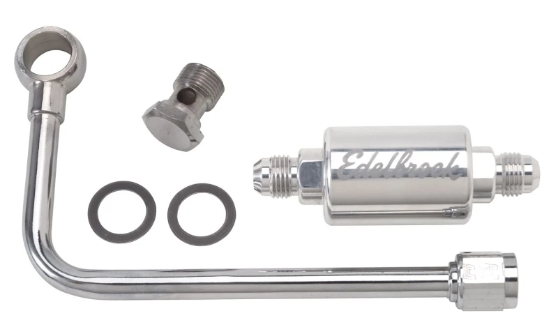 Edelbrock 3/8 Zoll fester Kraftstoffschlauch mit -6 B-Nut und poliertem Filter