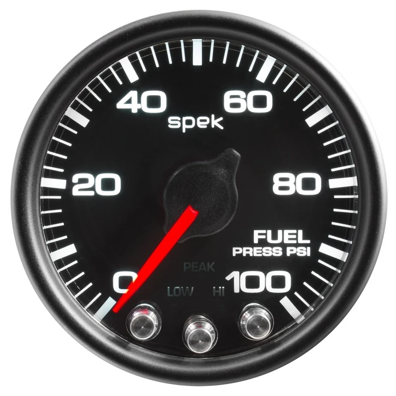 Autometer Spek-Pro-Benzindruck-Anzeige 2 1/16 Zoll 100psi Schrittmotor mit Peak- und Warnfunktion Schwarz/Schwarz