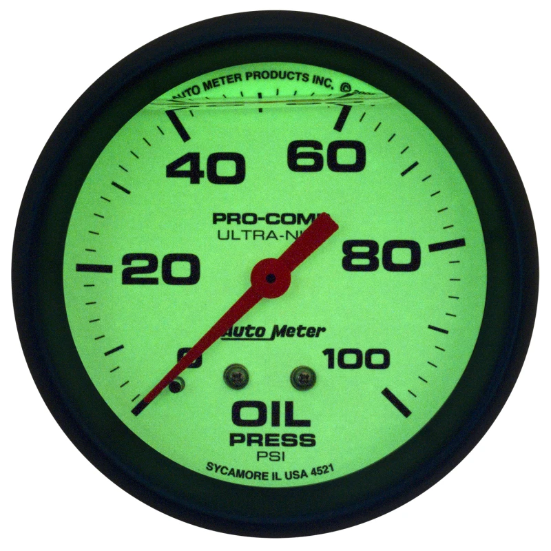 Autometer Ultra-Nite 2-5/8in 0-100 PSI Liquid Filled Mechanical Glow In Dark Oil Pressure Gauge