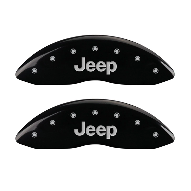 MGP Vordere Satz 2 Bremssattel-Abdeckungen Graviert Front JEEP Schwarz-Finish Silber