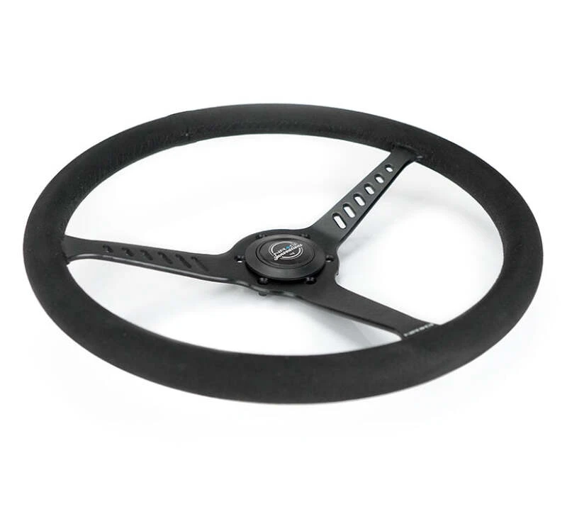 NRG Reinforced Stealth Wheel (380mm) 3 Spoke Center - 1in Deep Dish - Vegan Suede Red Stitch