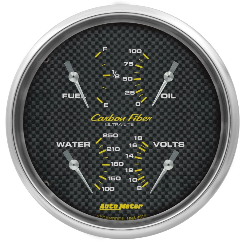 AutoMeter Carbon Fiber Quad Gauge 5in. 0 Ohm (E) - 90 Ohm (F) Electric